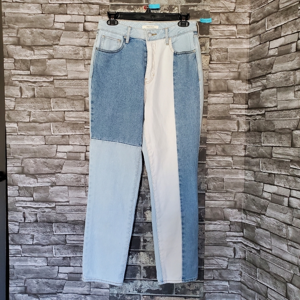 PacSun ECO Hopper Patch Mom Jeans Colorblock Light Blue High Rise Size 26 Baggy